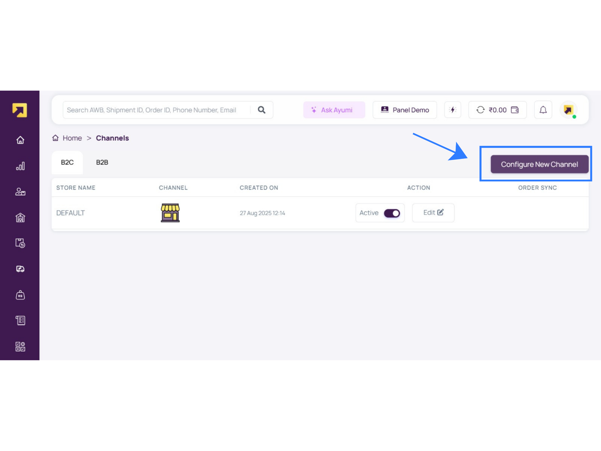RapidShyp Channels page highlighting Configure New Channel, used to add a new channel before setting up the RapidShyp courier integration with Base.