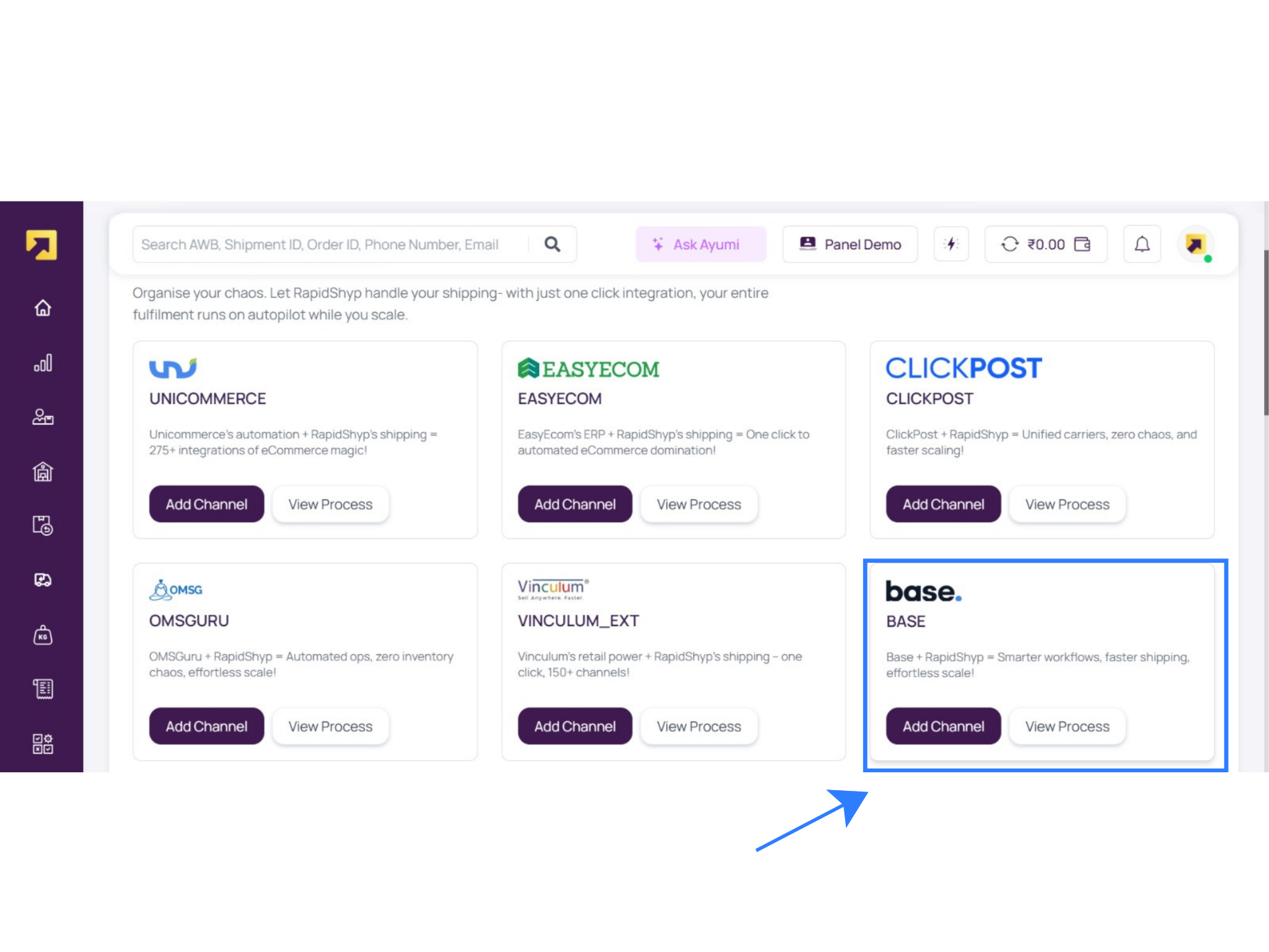 RapidShyp integrations screen highlighting the Base channel card, where you click Add Channel to connect Base with RapidShyp.