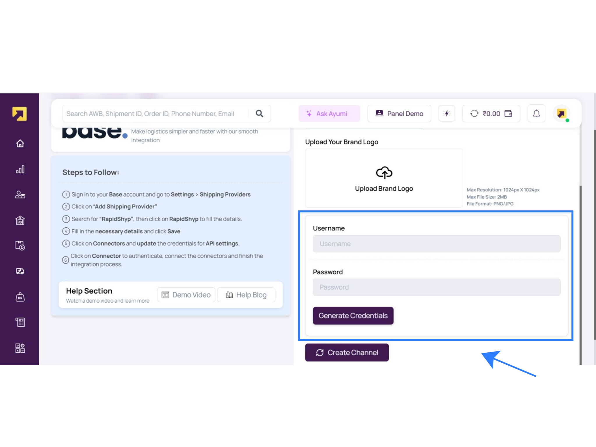 RapidShyp Base channel setup screen showing the Username and Password fields and Generate Credentials button for Base–RapidShyp API configuration.