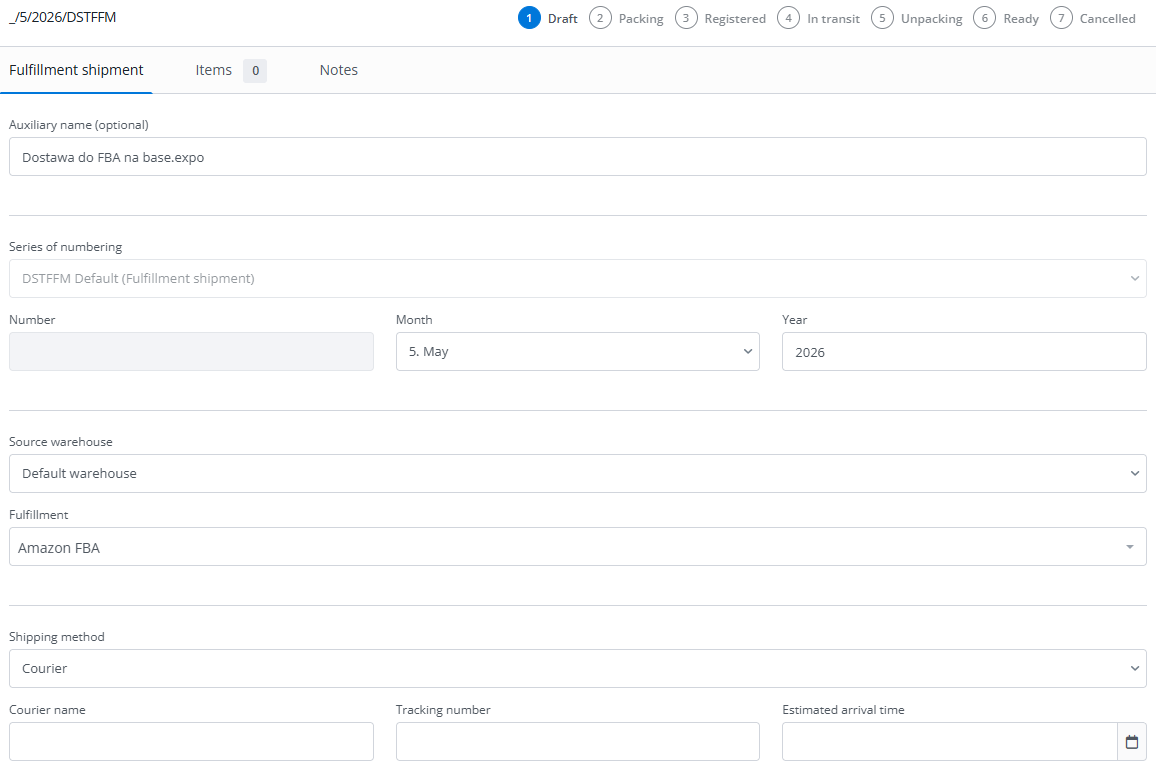 Configuring shipment parameters for Amazon FBA delivery