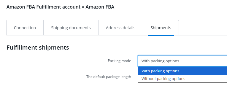 Packing mode selection in Amazon FBA integration settings