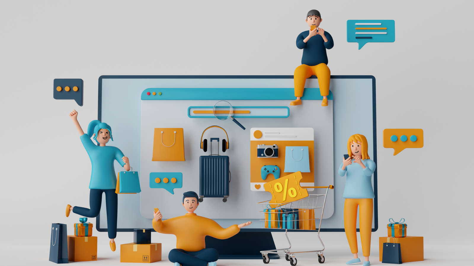 Omnichannel eCommerce experience with online shopping interface, digital product search, mobile shoppers, discount offers, and virtual shopping cart.