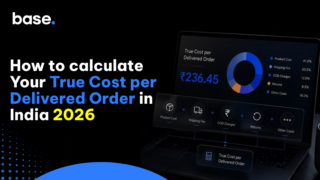 Illustration of a true cost per delivered order calculator showing shipping costs, COD charges, returns, and fulfilment expenses for Indian ecommerce brands.