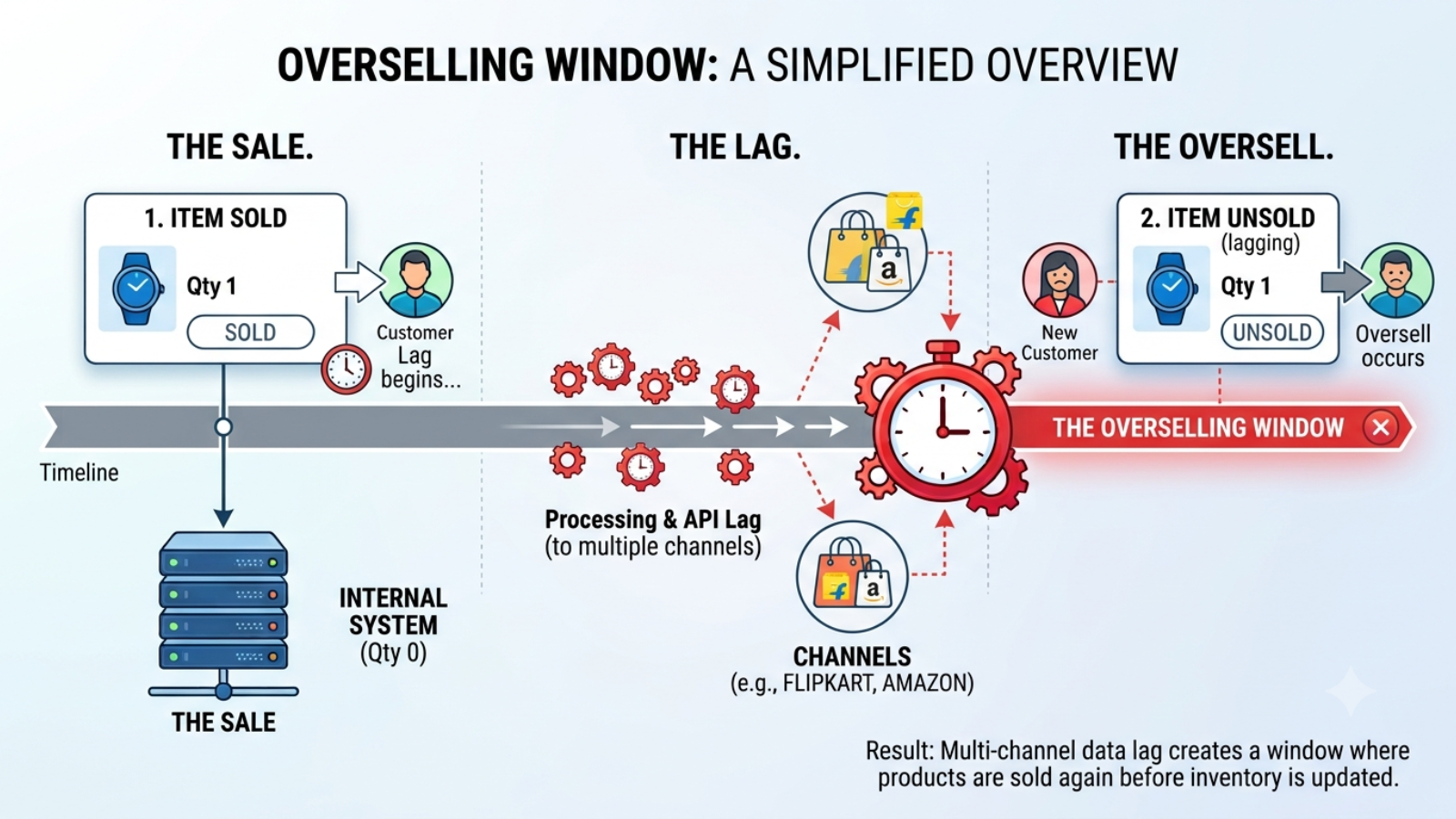 Inventory sync timeline showing how stock update delays cause overselling across marketplaces