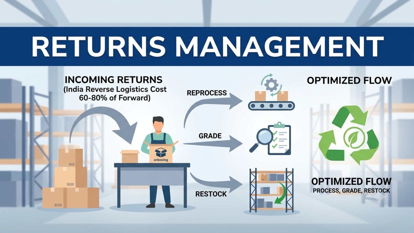 Returns management process with inventory grading and warehouse restocking
