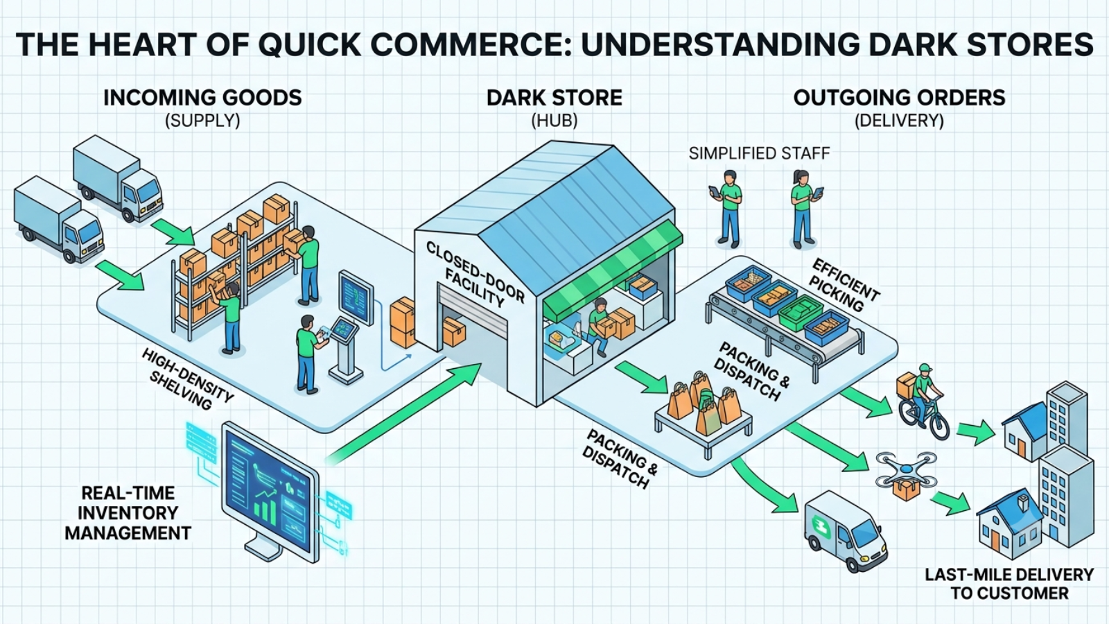 Dark store warehouse designed for fast inventory picking and order fulfilment