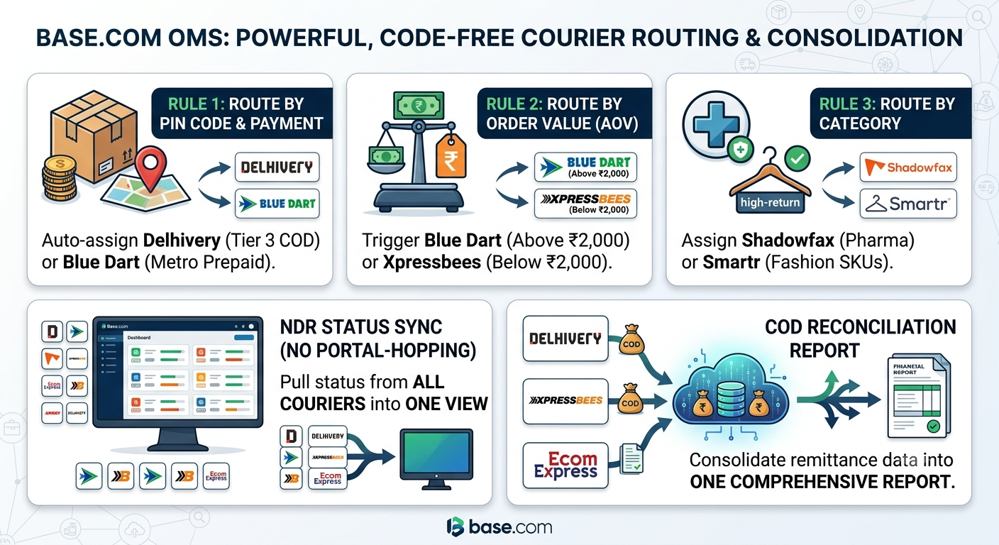 Base.com courier routing engine automating carrier selection, NDR sync, and COD reconciliation