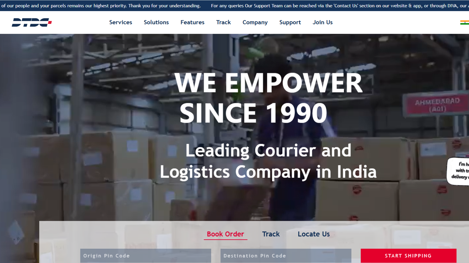 DTDC courier and logistics platform for nationwide parcel delivery