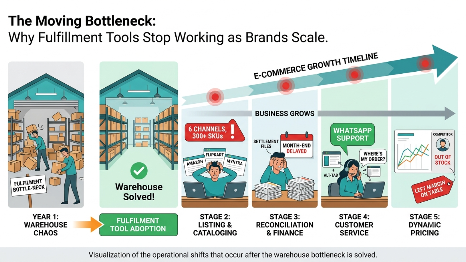 Ecommerce growth timeline showing how operational bottlenecks shift as brands scale beyond warehouse management