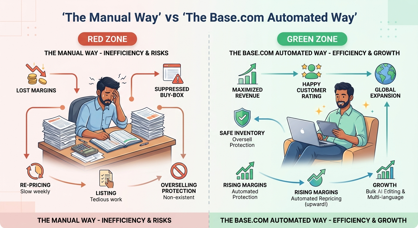Comparison of automated repricing and oversell protection in Base.com versus manual pricing in Increff