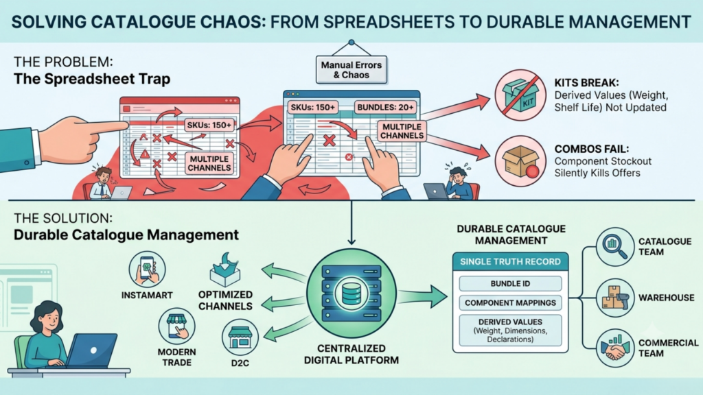 Instamart catalog management system replacing spreadsheet-based workflows with centralized bundle definitions, component mappings, derived values, and connected operations
