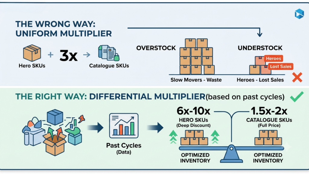 Sale uplift multiplier strategy comparing uniform multipliers with differential multipliers for hero and catalogue SKUs
