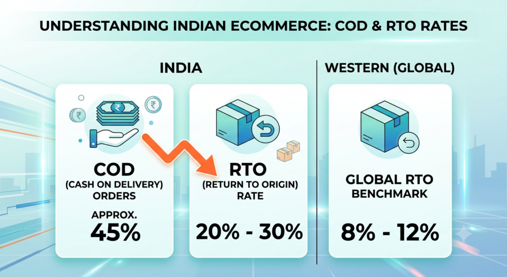 Indian ecommerce COD and RTO comparison showing approximately 45% COD orders, 20–30% RTO rates, and an 8–12% global RTO benchmark
