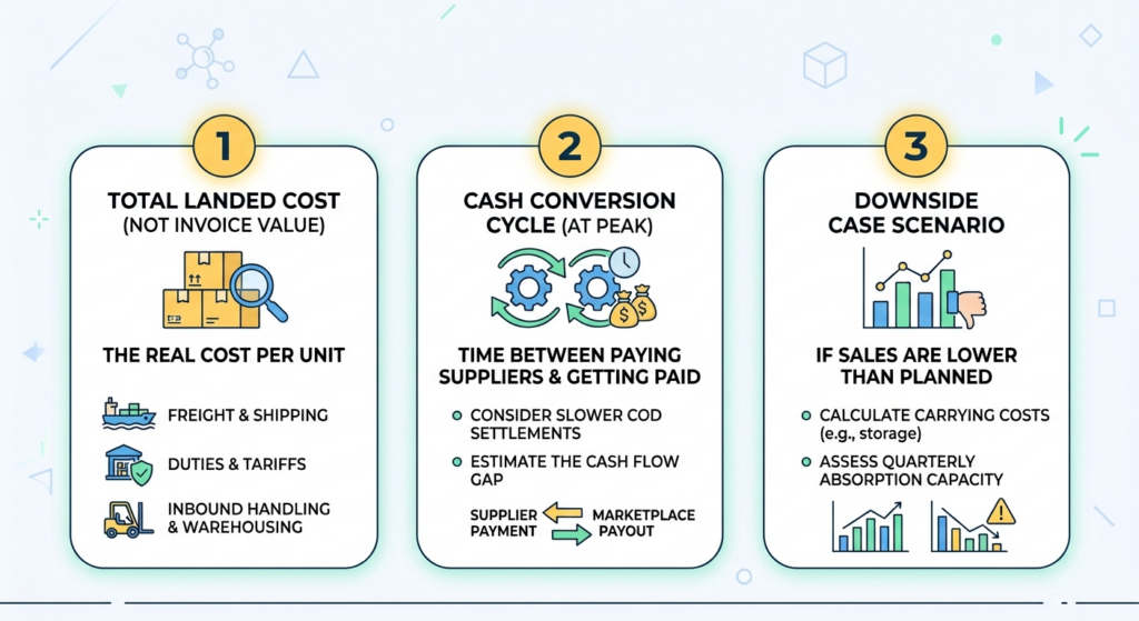 Working capital planning infographic showing total landed cost, peak cash conversion cycle, and downside case analysis before committing purchase orders
