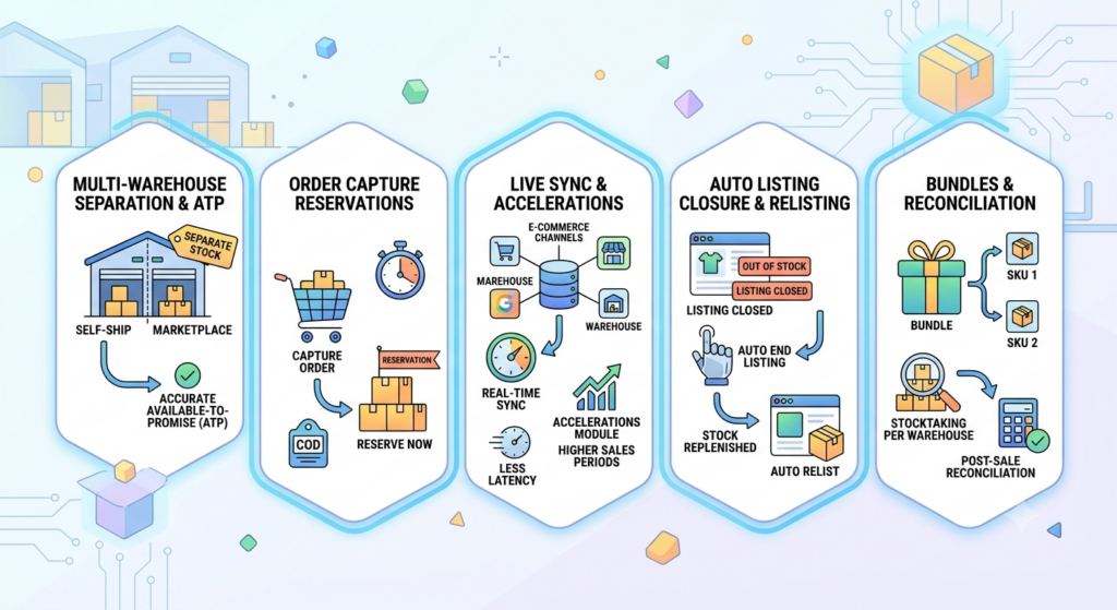 Ecommerce inventory management capabilities showing multi-warehouse stock separation, order reservations, live synchronization, automatic listing closure, and bundle reconciliation 
