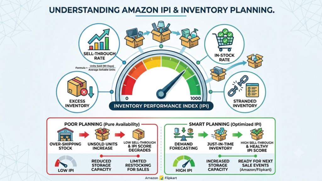 Amazon Inventory Performance Index and inventory planning infographic showing sell-through rate, in-stock rate, excess inventory, and stranded inventory
