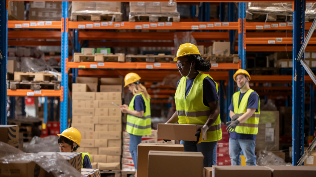 Amazon warehouse workers managing inventory and stock replenishment in a fulfilment environment

