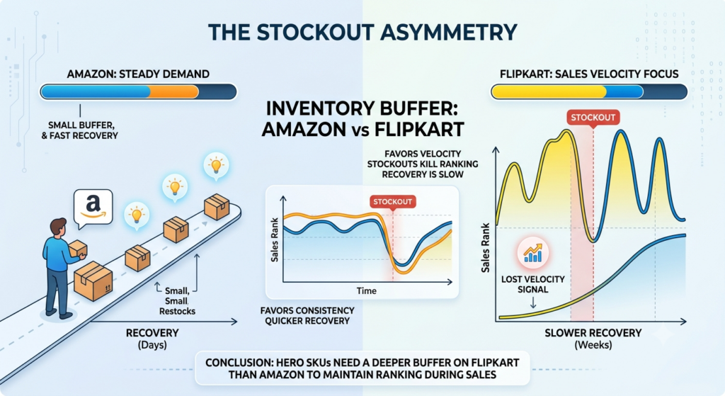 Flipkart inventory buffer strategy comparing Amazon's steady demand with Flipkart's sales-velocity focus and different stockout recovery patterns
