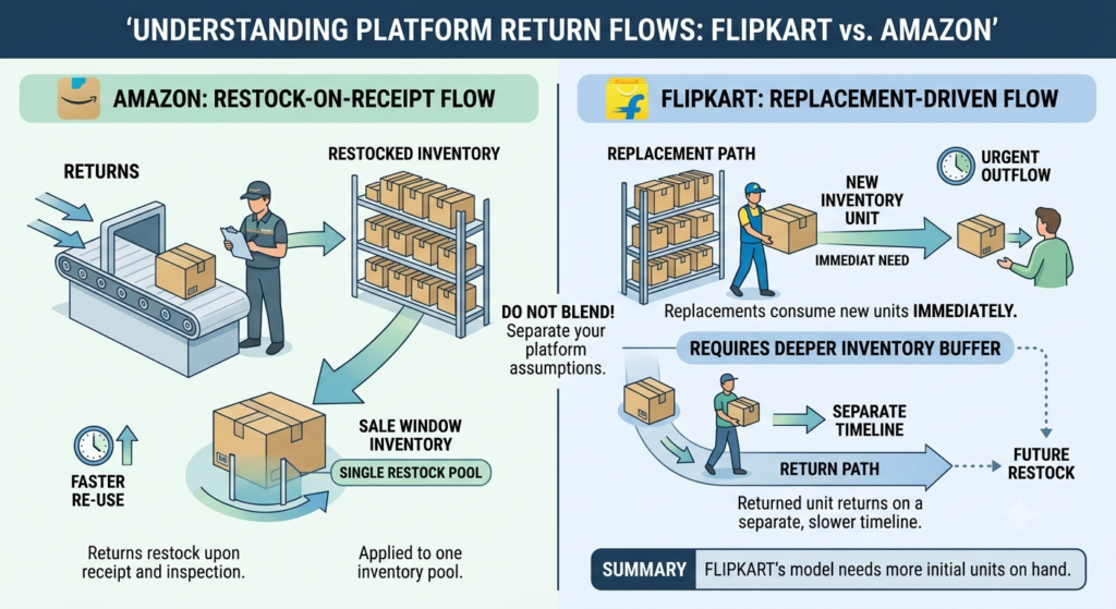 Flipkart and Amazon return flow comparison showing Amazon restock-on-receipt versus Flipkart replacement-driven inventory requirements
