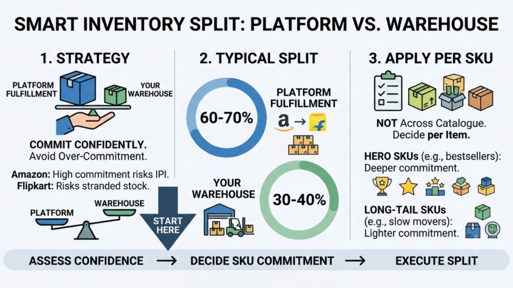 Amazon and Flipkart inventory split showing 60–70% platform fulfilment, 30–40% warehouse stock, and SKU-level commitment decisions

