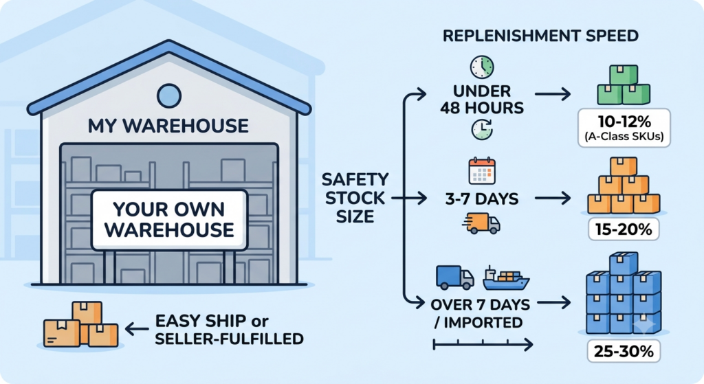 Safety stock planning graphic showing warehouse-held inventory and buffer percentages based on replenishment speed

