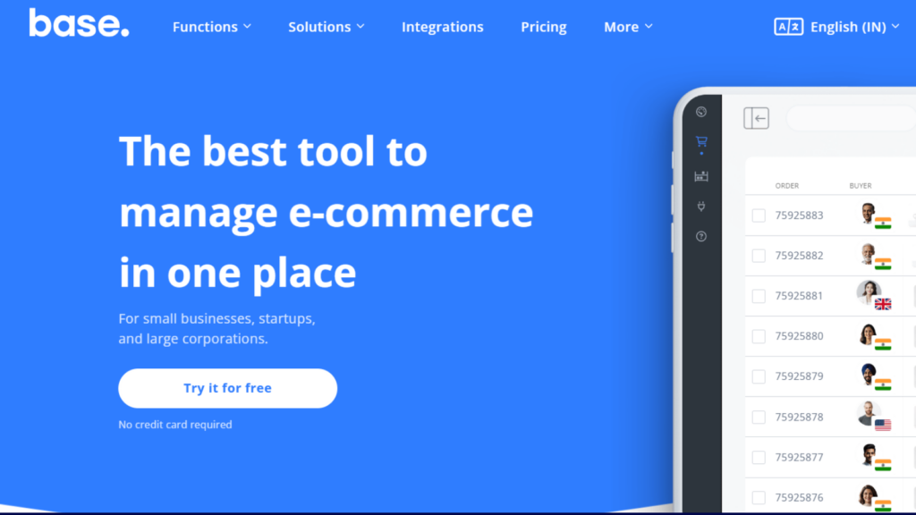 Base.com ecommerce management platform showing centralized order, inventory, marketplace, shipping, and workflow management
