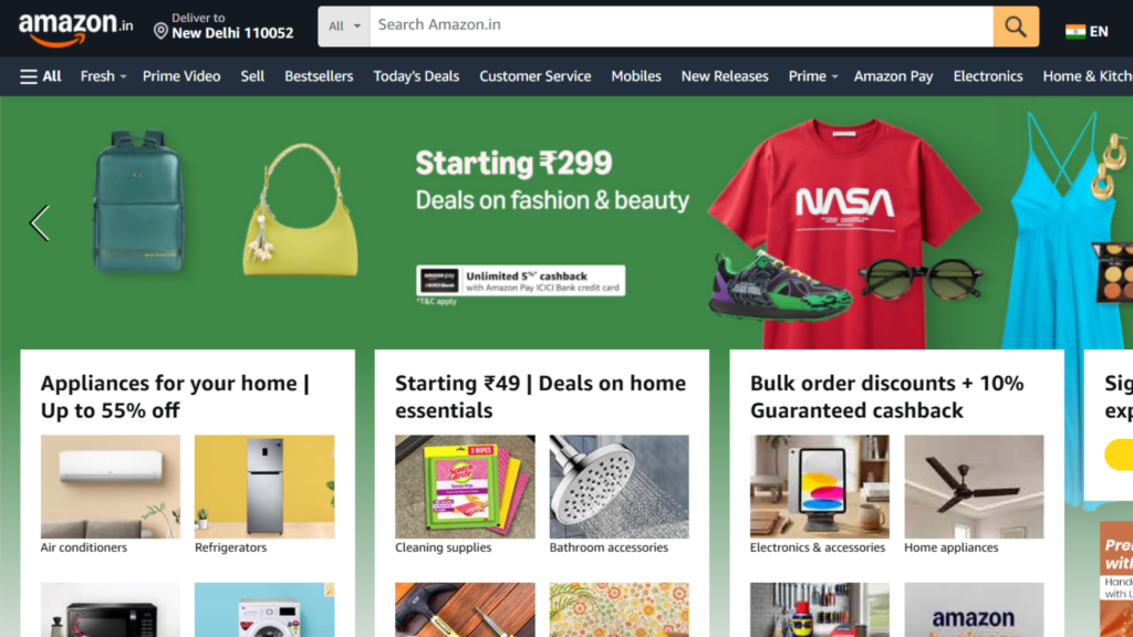Amazon homepage showing ecommerce products, promotions, deals, and marketplace inventory demand
