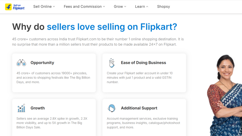 Flipkart Seller Hub page showing seller opportunities, marketplace growth, ease of doing business, and seller support
