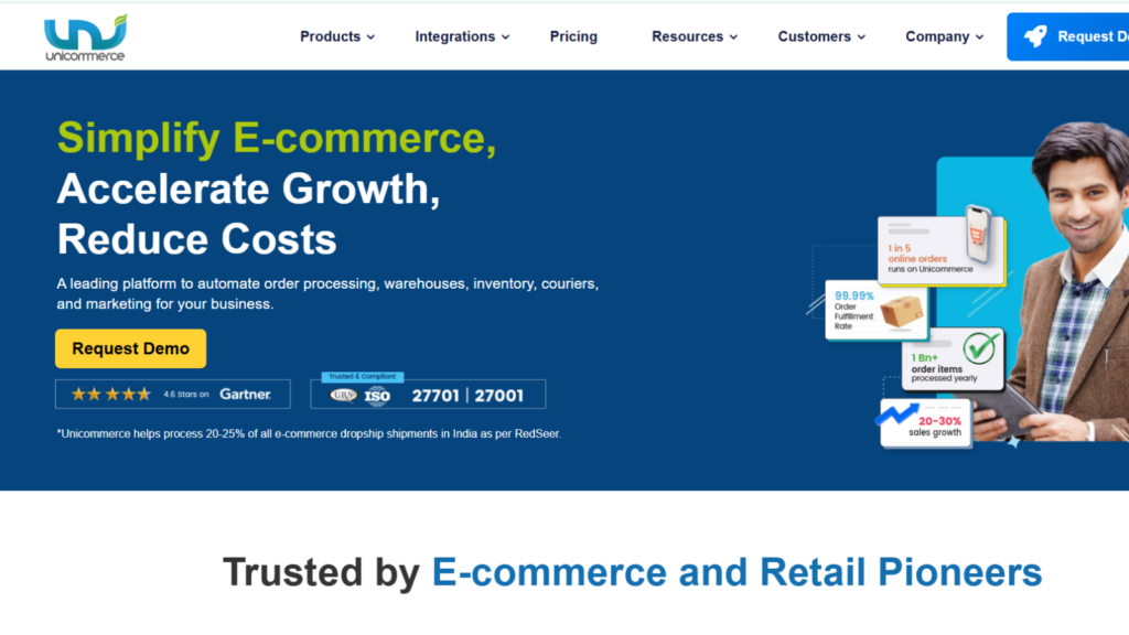 Unicommerce ecommerce platform showing order processing, warehouse, inventory, courier, and marketplace management capabilities
