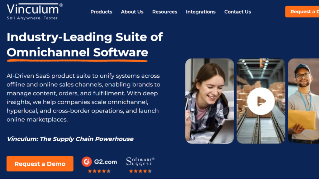 Vinculum omnichannel software showing connected stores, marketplaces, warehouses, orders, fulfilment, and supply chain operations

