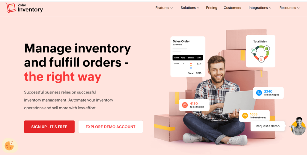 Zoho Inventory software showing inventory management, order tracking, GST billing, and warehouse management for Indian businesses