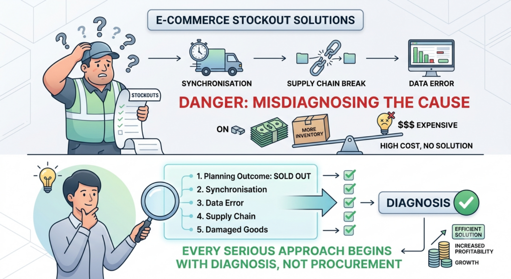 Ecommerce stockout diagnosis showing true zero, phantom, latency, allocation, and reservation stockouts with different corrective actions