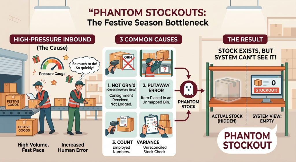Phantom stockout causes showing receiving errors, unrecorded putaways, count variance, and physical stock that remains invisible in the system
