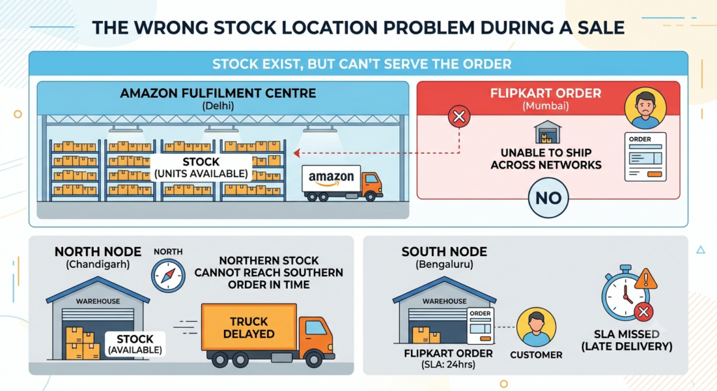Wrong stock location during a sale showing inventory trapped at one warehouse while an order requires stock from another fulfillment node
