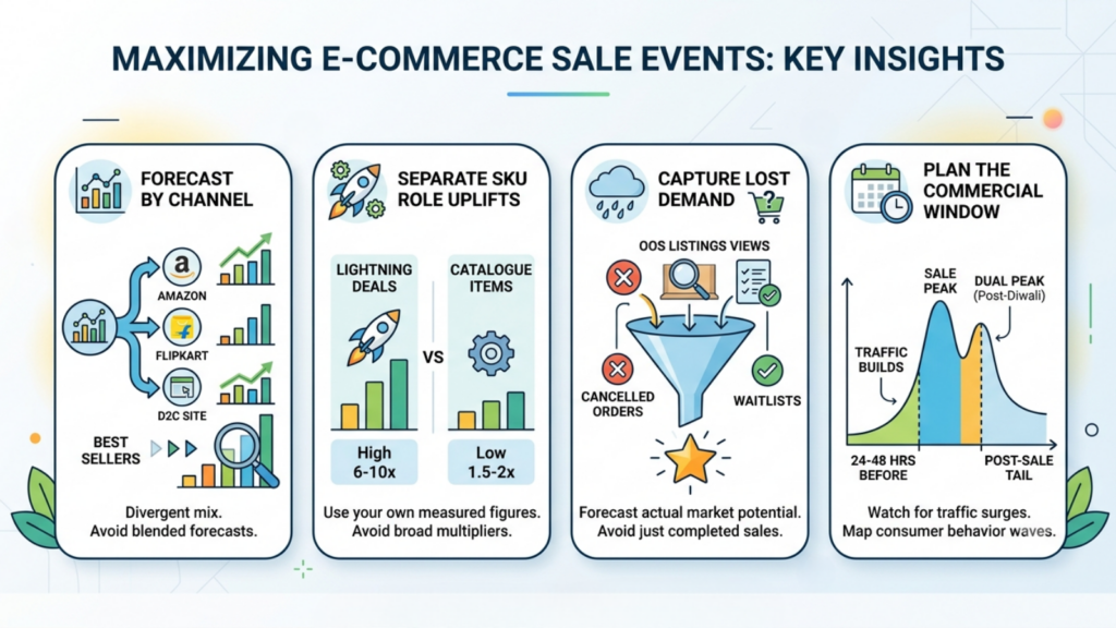 Ecommerce sale forecasting signals showing channel-level forecasts, SKU roles, lost demand, and the commercial sale window
