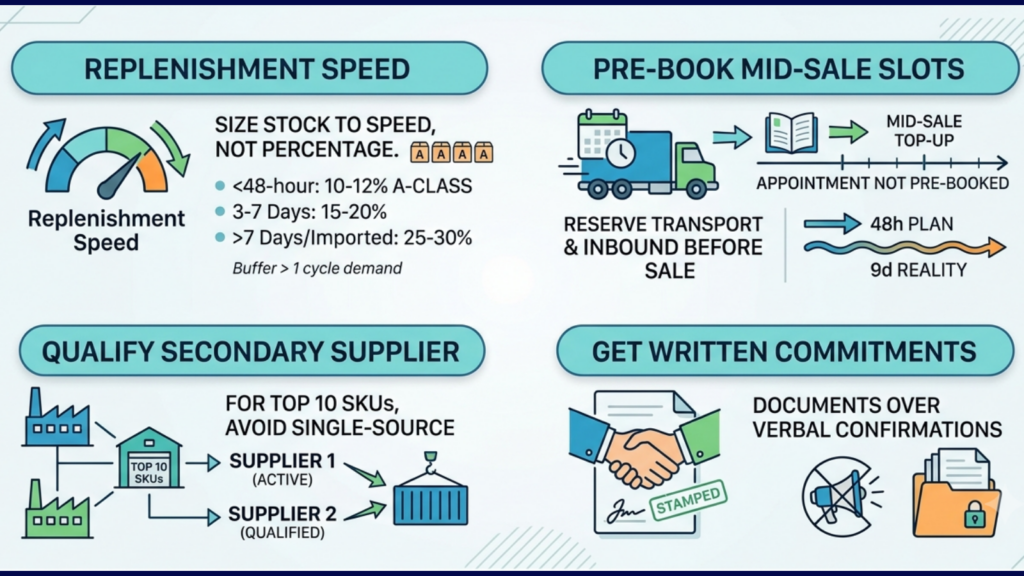 Replenishment planning infographic showing safety stock by replenishment speed, pre-booked mid-sale slots, secondary suppliers, and written commitments