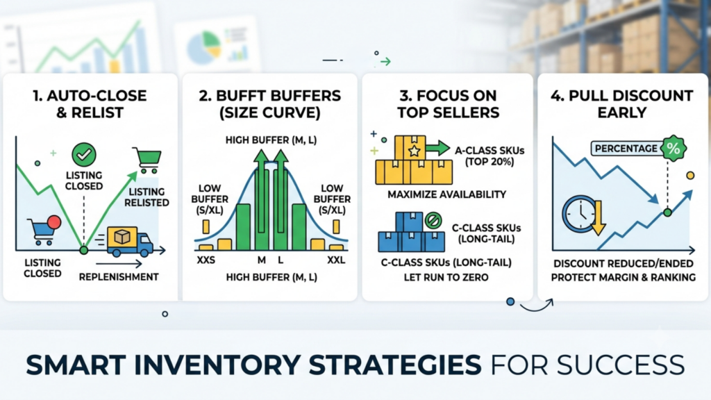 Automated inventory strategies showing listing closure and relisting, size-curve buffers, protection for top sellers, and early discounting
