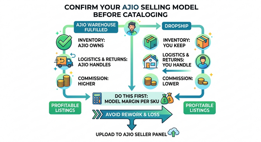 AJIO selling model comparison showing warehouse fulfillment and dropship responsibilities, inventory ownership, returns, and commissions
