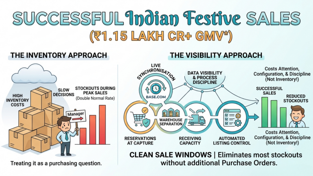 Successful Indian festive sales infographic comparing an inventory-heavy approach with visibility, synchronization, reservations, warehouse separation, and automated listing controls
