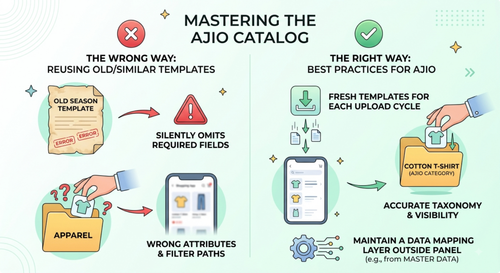 AJIO catalog preparation workflow showing fresh category templates, accurate taxonomy, attribute mapping, and product data validation