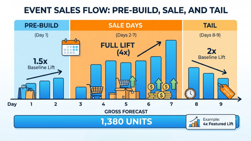 Ecommerce sale demand forecast showing pre-build, sale, and post-sale demand periods