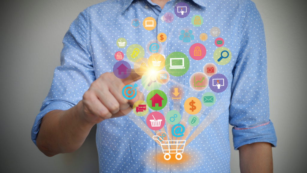 Ecommerce technology and inventory management concept with digital shopping and marketplace icons
