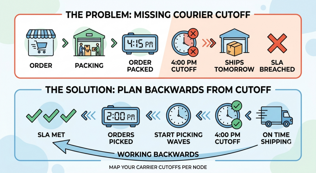 Courier cutoff planning infographic showing pickup cutoffs, earlier picking waves, and dispatch timing to meet ecommerce sale SLAs