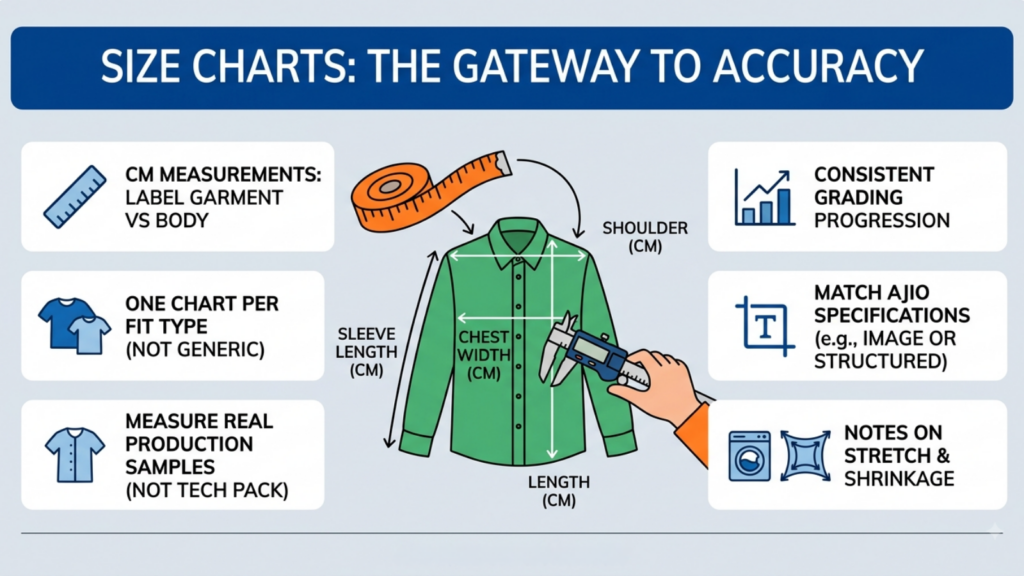 AJIO size chart accuracy checklist showing garment measurements, fit types, grading consistency, and production sample verification