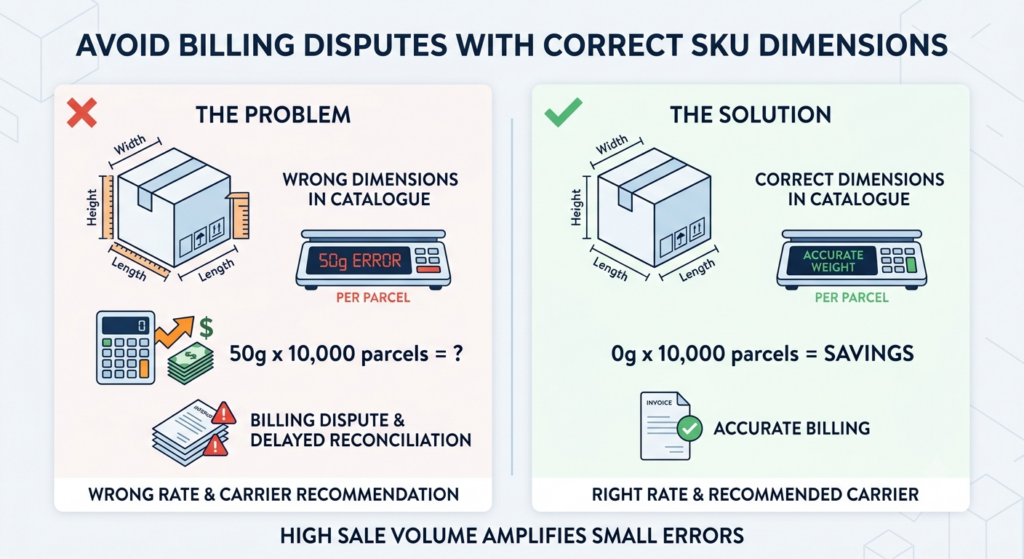 Correct parcel dimensions for ecommerce shipping showing how accurate weight and size data prevent billing errors and wrong carrier allocation