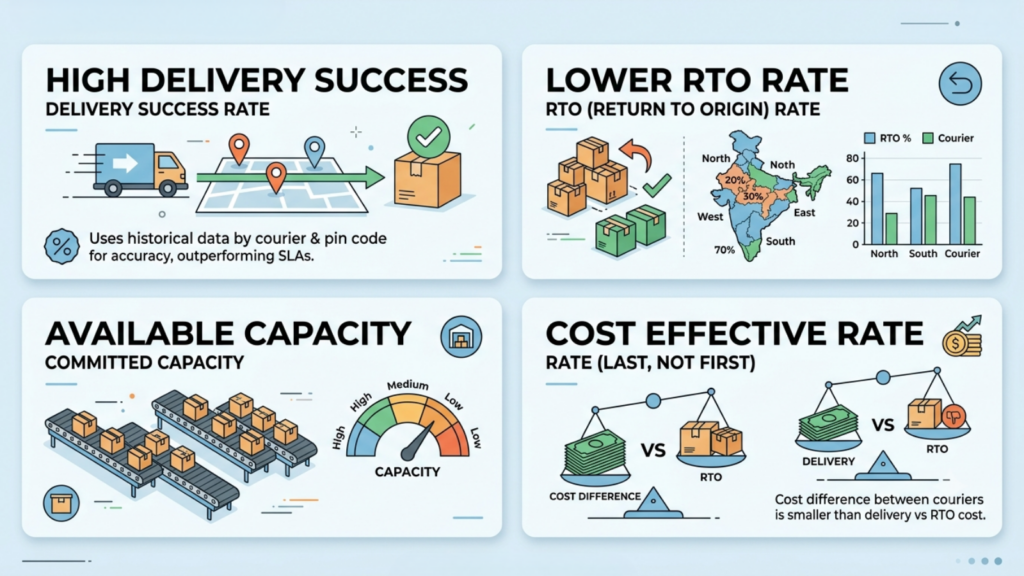 Multi-carrier allocation strategy showing delivery success rate, RTO rate, available capacity, and shipping cost as courier selection inputs
