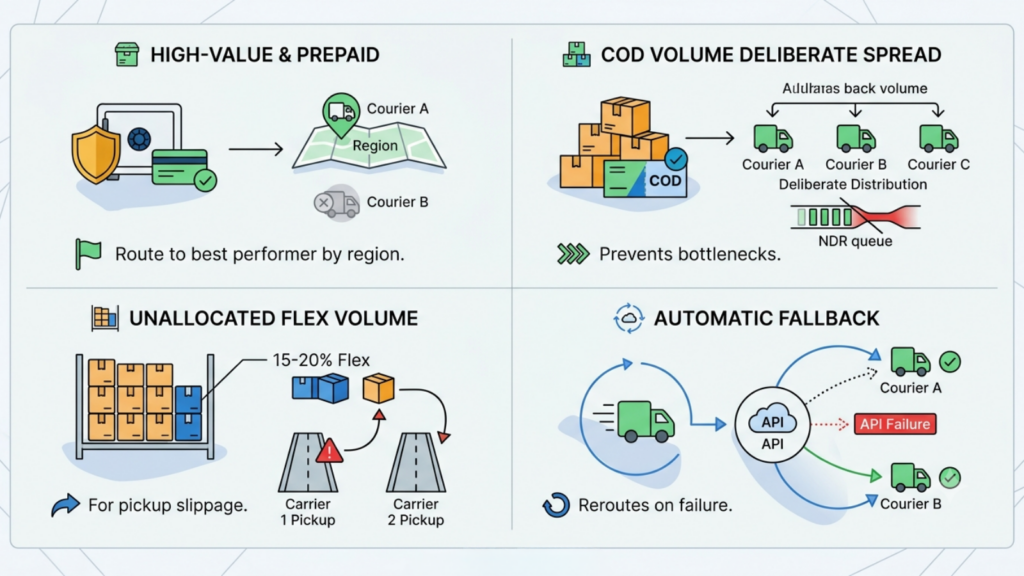 Sale-window courier allocation rules showing high-value orders, COD volume distribution, flex capacity, and automatic carrier fallback
