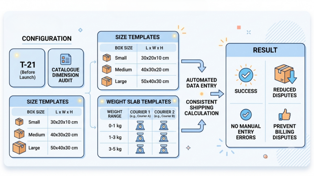 Courier size and weight templates showing standardized parcel dimensions and weight data for accurate shipping and billing
