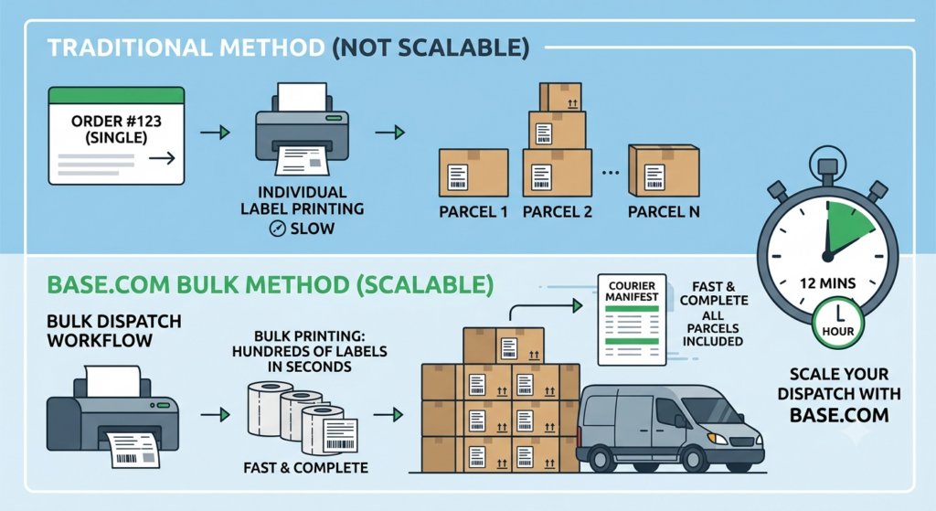 Bulk shipping label and manifest printing workflow showing automated document generation for high-volume ecommerce dispatch
