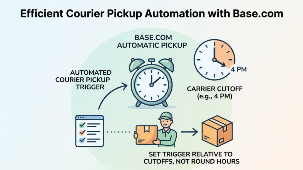 Automatic courier pickup ordering workflow showing scheduled pickup requests aligned with carrier cutoff times
